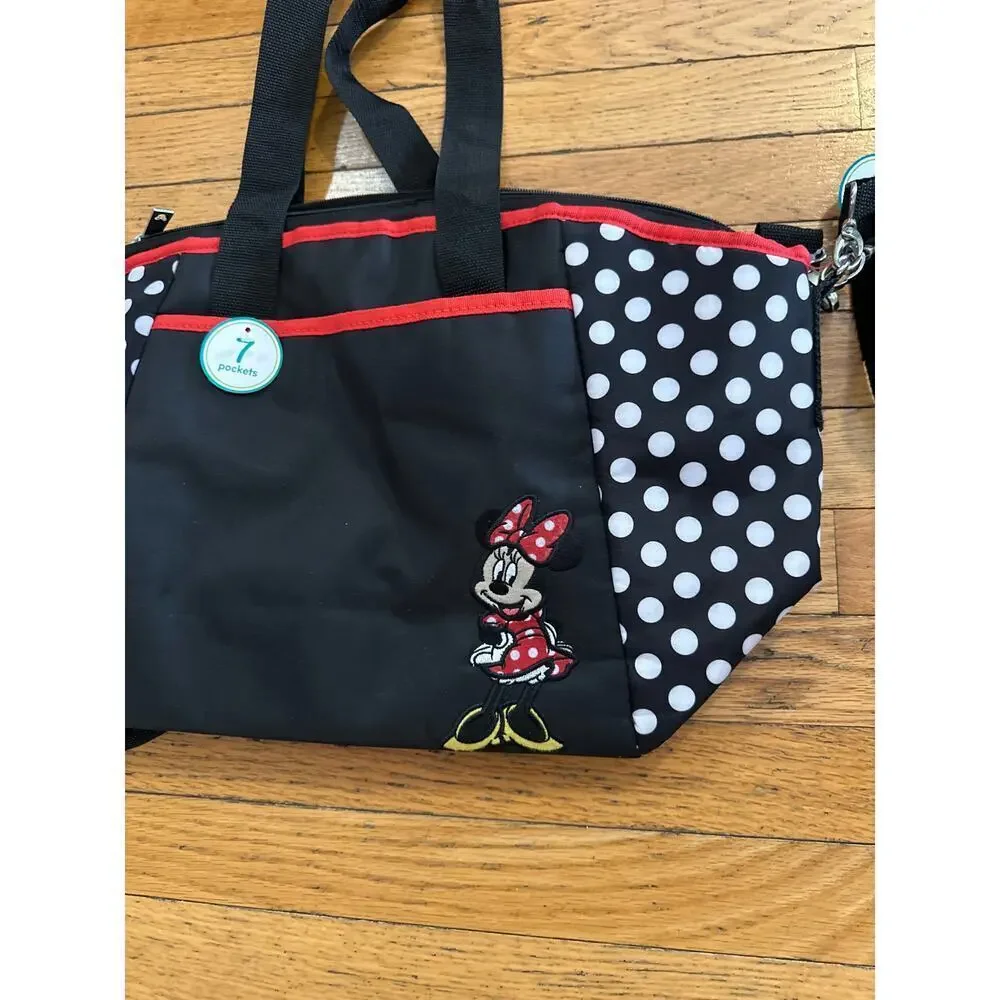 Disney Baby Minnie Mouse Diaper Bag 5 Piece Set Black Polka Dot Tote